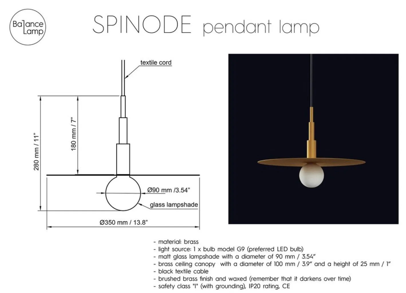 Spinode Minimale Hängelampe im modernen Design mit flacher Messingscheibe von Balance Lamp