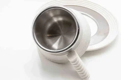 Stainless Steel Espresso Cups Set with Plates by Carlo Giannini, 1970s, Set of 4