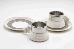 Stainless Steel Espresso Cups Set with Plates by Carlo Giannini, 1970s, Set of 4