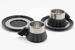 Stainless Steel Espresso Cups Set with Plates by Carlo Giannini, 1970s, Set of 4