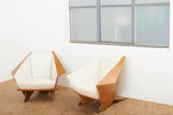 Taliesin Origami Stühle mit Bezug aus Kirschholz & Stoffbezug von Frank Lloyd Wright für Cassina, 1986, 2er Set