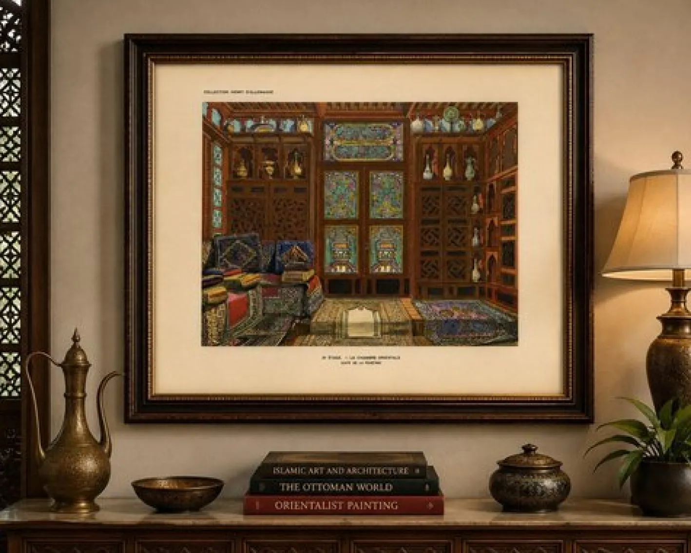 The Oriental Chamber: An Ottomane Interior of Textiles and Carved Wood, 1900s, Color Print