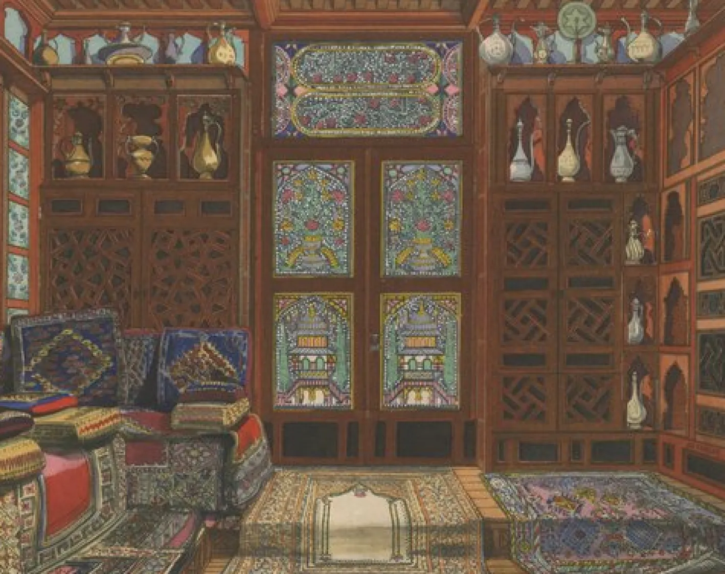 The Oriental Chamber: An Ottomane Interior of Textiles and Carved Wood, 1900s, Color Print