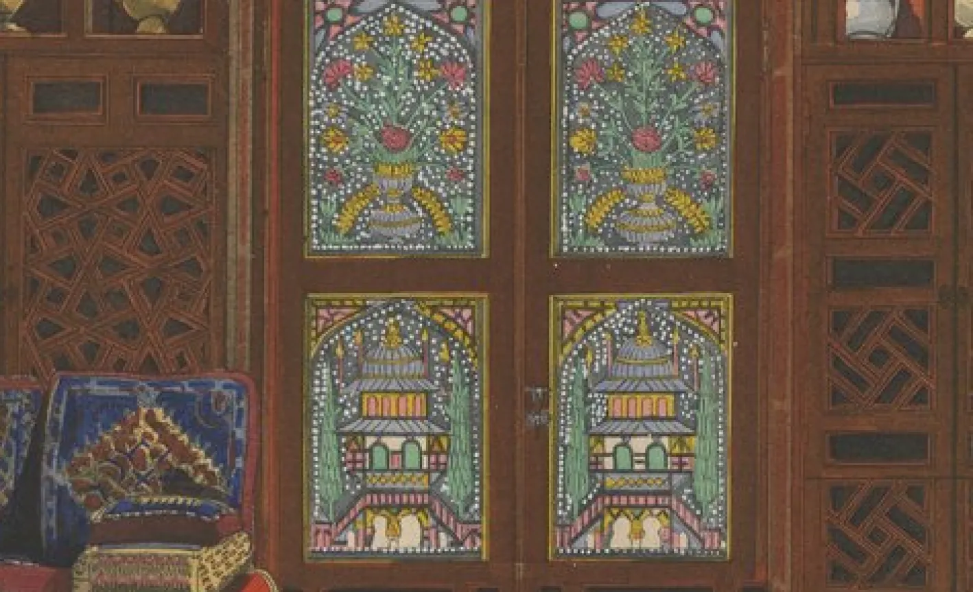 The Oriental Chamber: An Ottomane Interior of Textiles and Carved Wood, 1900s, Color Print