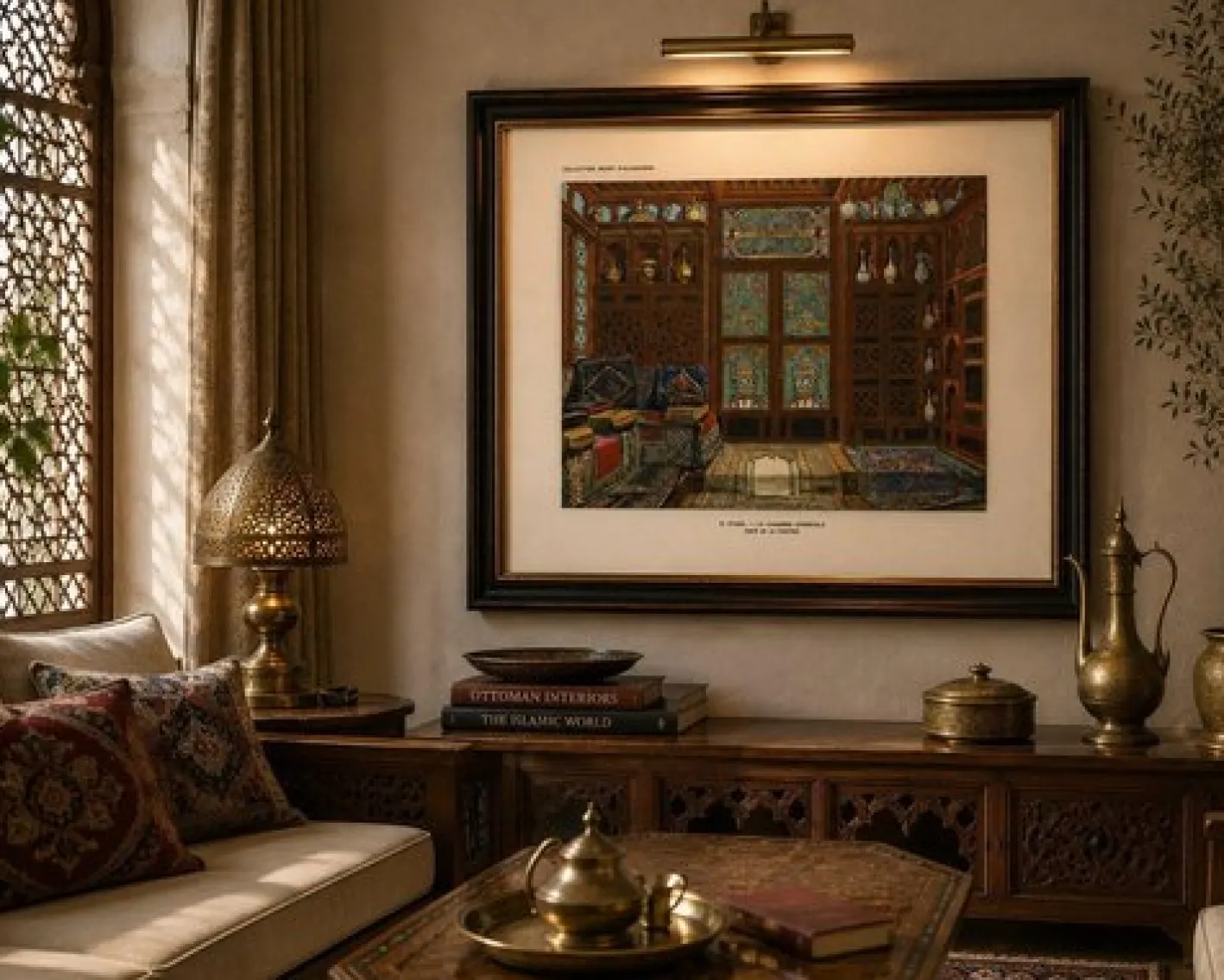 The Oriental Chamber: An Ottomane Interior of Textiles and Carved Wood, 1900s, Color Print