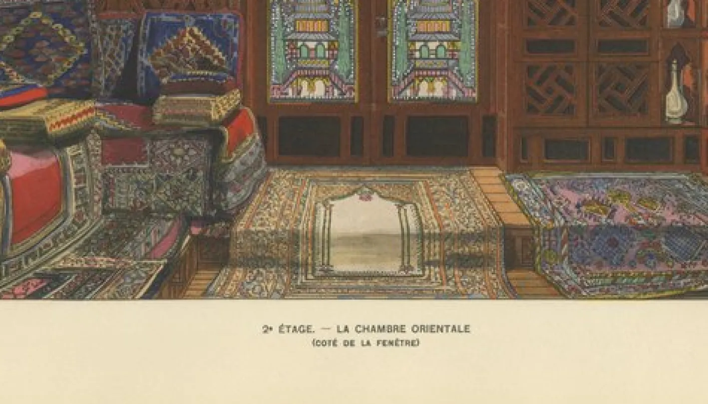 The Oriental Chamber: An Ottomane Interior of Textiles and Carved Wood, 1900s, Color Print