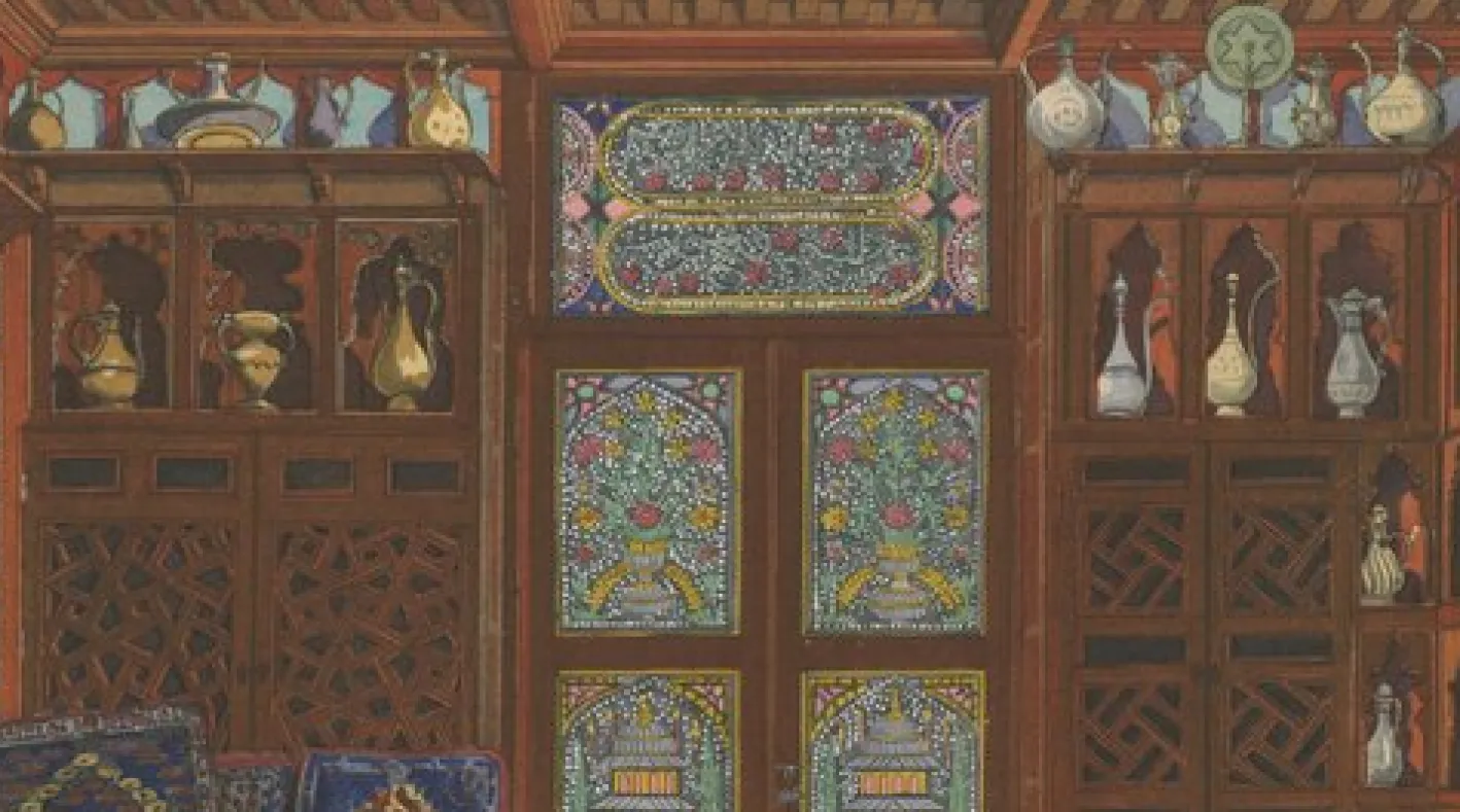 The Oriental Chamber: An Ottomane Interior of Textiles and Carved Wood, 1900s, Color Print