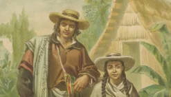 Tomás Padró, Trachtenteller der peruanischen Mestizos, roter Abstammung, 1880, Druck