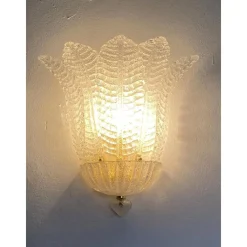 Transparente venezianische Graniglia Blätter Murano Glas Wandlampen von Simoeng, 2er Set