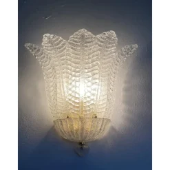 Transparente venezianische Graniglia Blätter Murano Glas Wandlampen von Simoeng, 2er Set