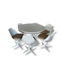 Tulip Esszimmer Set mit rundem Säulentisch und Drehstühlen von Maurice Burke für Arkana, 1960er, 7er Set