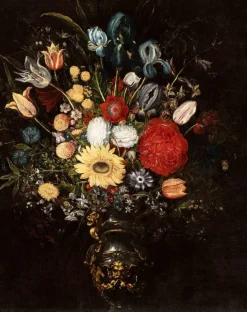Unbekannt, Blumenvase in einer Metallvase mit Maske, Ölgemälde, Frühes 17. Jahrhundert