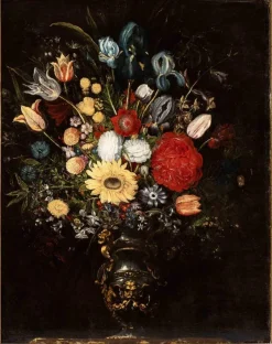 Unbekannt, Blumenvase in einer Metallvase mit Maske, Ölgemälde, Frühes 17. Jahrhundert