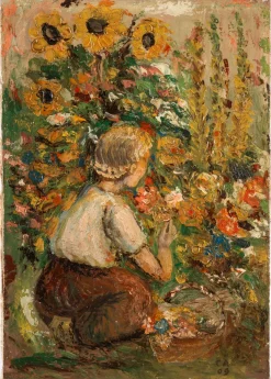 Unbekannt, Junge Frau unter Sonnenblumen, 1909, Öl auf Leinwand
