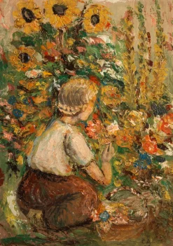 Unbekannt, Junge Frau unter Sonnenblumen, 1909, Öl auf Leinwand
