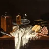 Unbekannt, Stillleben mit Salami, Brot, Keksen und Glasflaschen, Ölgemälde, 17. Jh.