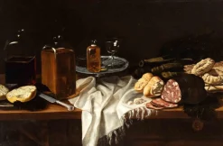 Unbekannt, Stillleben mit Salami, Brot, Keksen und Glasflaschen, Ölgemälde, 17. Jh.