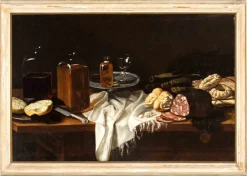 Unbekannt, Stillleben mit Salami, Brot, Keksen und Glasflaschen, Ölgemälde, 17. Jh.