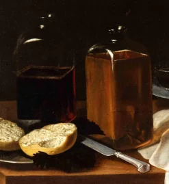Unbekannt, Stillleben mit Salami, Brot, Keksen und Glasflaschen, Ölgemälde, 17. Jh.