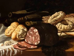 Unbekannt, Stillleben mit Salami, Brot, Keksen und Glasflaschen, Ölgemälde, 17. Jh.