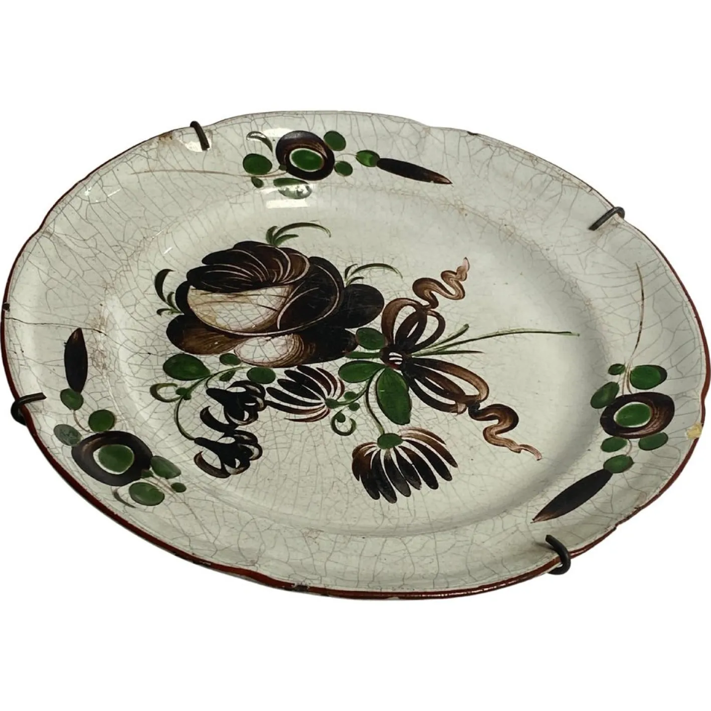 18. und 18. Jh. Französischer Fayence Blumen Teller in Braun & Grün