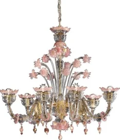 Venezianischer Kronleuchter aus Muranoglas in Gold & Rosa von Simoeng