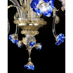 Venezianischer Murano Glas Kronleuchter in Blau & Gold Blumen von Simoeng