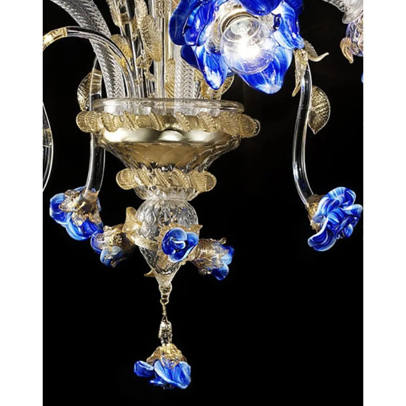 Venezianischer Murano Glas Kronleuchter in Blau & Gold Blumen von Simoeng