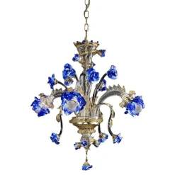 Venezianischer Murano Glas Kronleuchter in Blau & Gold Blumen von Simoeng