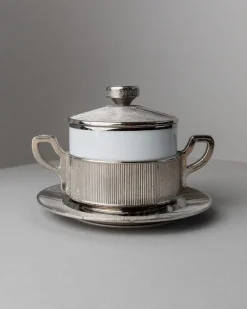 Versilberte Vintage Porzellanschale mit Tablett, Italien, 1950er, 2er Set
