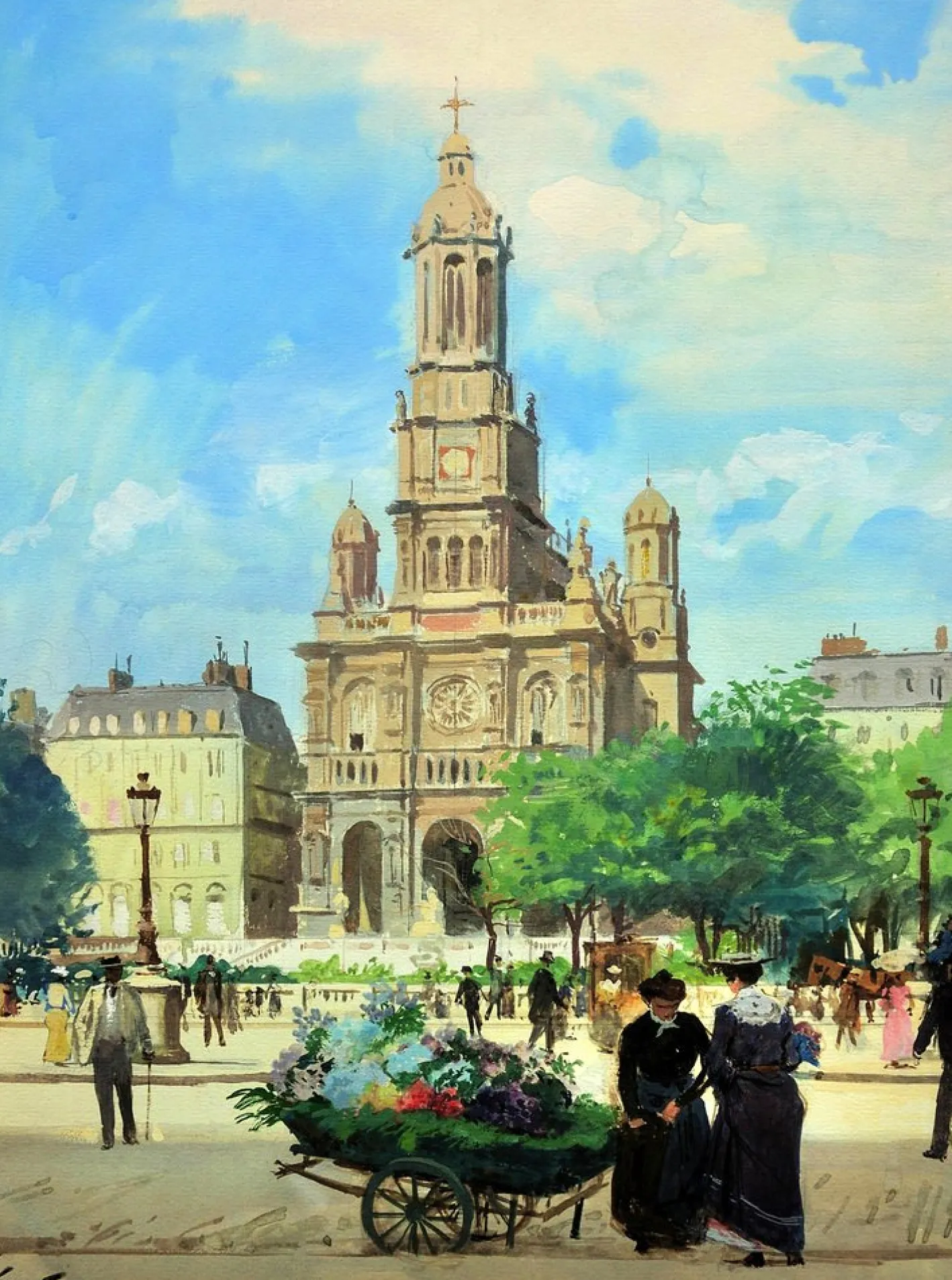 Victor Gabriel Gilbert, The Church of the Holy Trinity, Place De La Trinite, Paris, 1890er, Gouache & Aquarell & Papier, Gerahmt