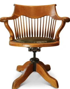 Viktorianischer Drehsessel aus Eiche mit Fächer aus Leder, 1890er