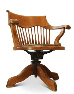 Viktorianischer Drehsessel aus Eiche mit Fächer aus Leder, 1890er