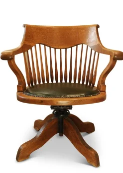 Viktorianischer Drehsessel aus Eiche mit Fächer aus Leder, 1890er