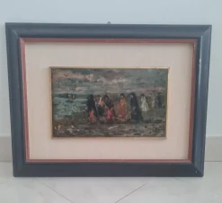 Vincenzo Irolli, Küstenpromenade bei Sonnenuntergang, 1920er, Ölgemälde auf Leinwand, gerahmt