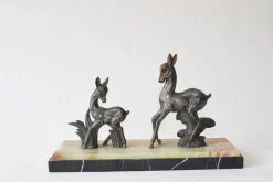 Vintage Art Deco Hirsch Skulptur Zwillings Hirsch Figur auf Marmorsockel
