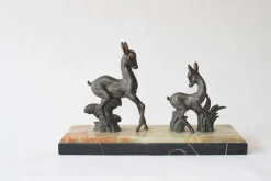 Vintage Art Deco Hirsch Skulptur Zwillings Hirsch Figur auf Marmorsockel