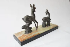 Vintage Art Deco Hirsch Skulptur Zwillings Hirsch Figur auf Marmorsockel