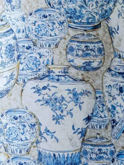 Vintage Delft Tischlampe in weißer Keramik mit New Ginger Jar Chinoiserie Schirm in Blau & Weiß