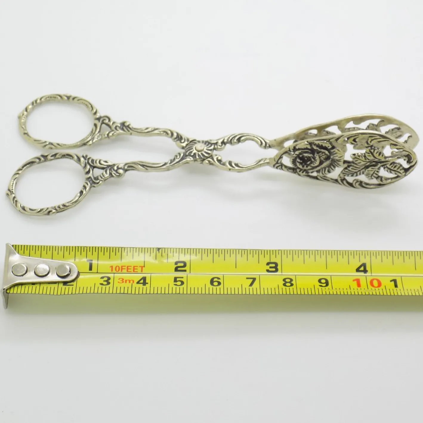 Vintage Italian Handmade Genuine Silver Decorative Sugar Cube Tonges with Rose Flower Motif, 1970s