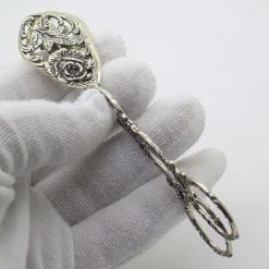 Vintage Italian Handmade Genuine Silver Decorative Sugar Cube Tonges with Rose Flower Motif, 1970s