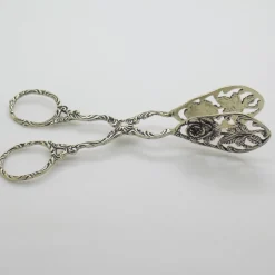 Vintage Italian Handmade Genuine Silver Decorative Sugar Cube Tonges with Rose Flower Motif, 1970s