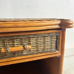 Vintage Nachttisch aus Bambus & Korbgeflecht mit Schublade