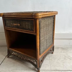 Vintage Nachttisch aus Bambus & Korbgeflecht mit Schublade