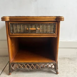 Vintage Nachttisch aus Bambus & Korbgeflecht mit Schublade