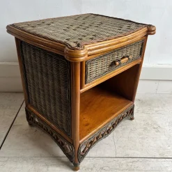 Vintage Nachttisch aus Bambus & Korbgeflecht mit Schublade