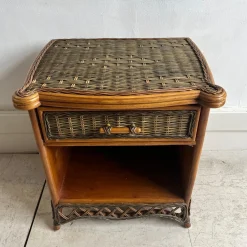 Vintage Nachttisch aus Bambus & Korbgeflecht mit Schublade