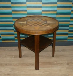 Vintage Schachbrett Tisch mit Ablage und Glasplatte, 1950er