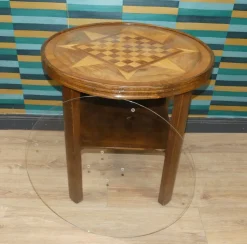Vintage Schachbrett Tisch mit Ablage und Glasplatte, 1950er