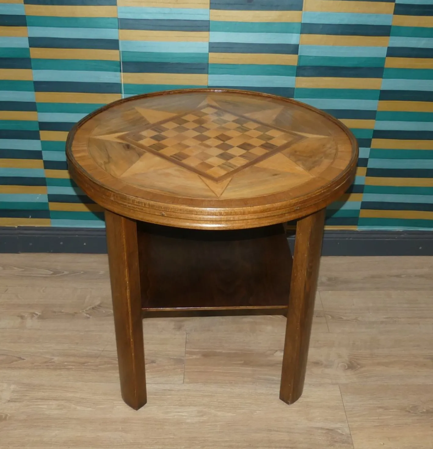Vintage Schachbrett Tisch mit Ablage und Glasplatte, 1950er